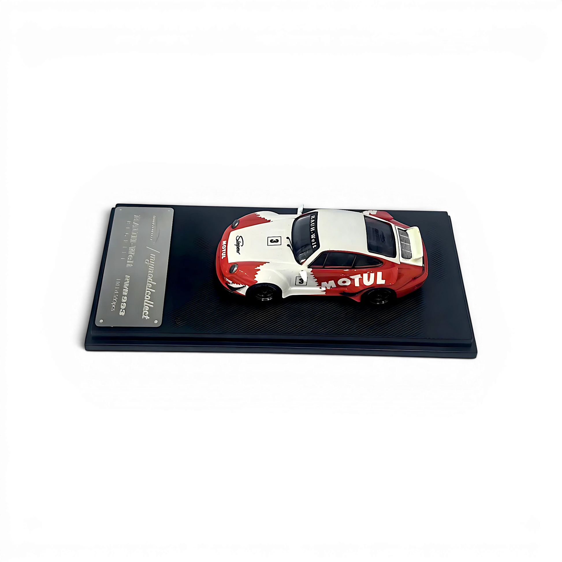 Lot57Supplies Diecast Shop MC RWB993 diecast car in red and white Motul livery with ducktail wing on display base