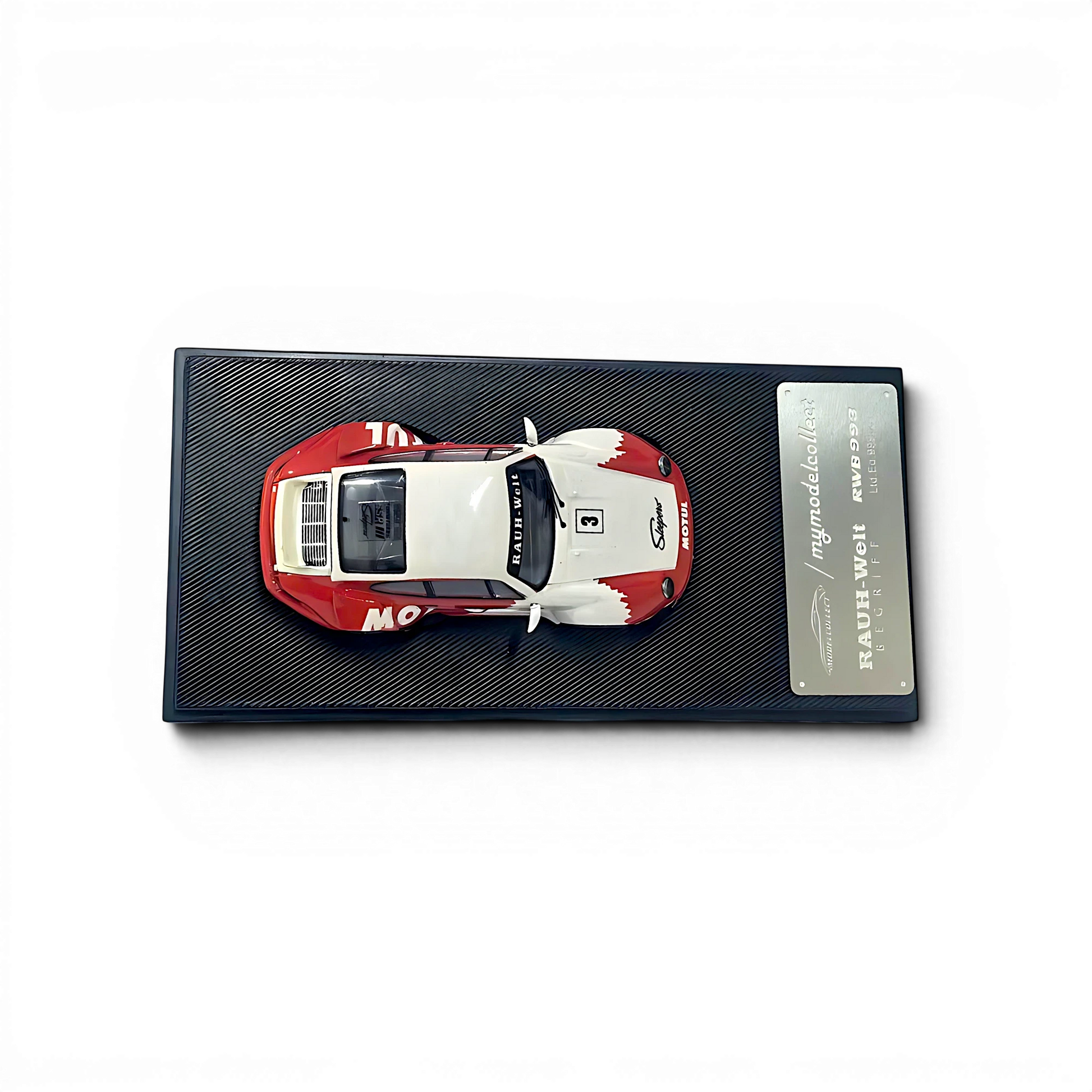 Lot57Supplies Diecast Shop 1:64 scale MC RWB993 diecast car in red and white Motul livery with ducktail wing