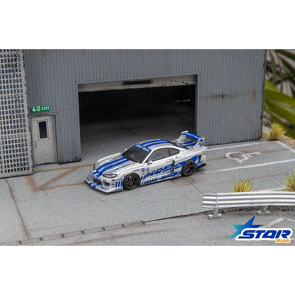 Lot57Supplies Diecast Shop Star Models 1:64 scale S15 Silvia widebody diecast car in silver and blue livery