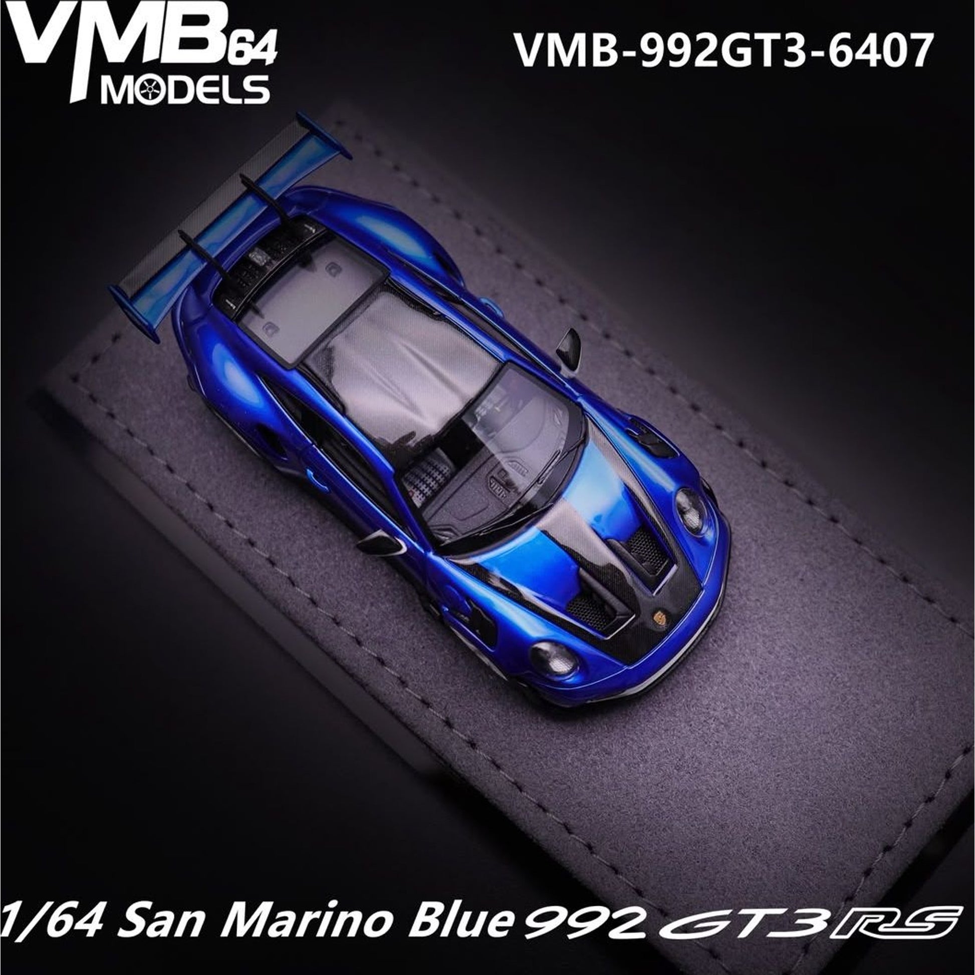 Lot57Supplies Diecast Shop 1:64 scale VMB 992 GT3 RS resin model car in San Marino Blue on a grey display base