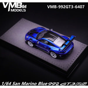 Lot57Supplies Diecast Shop 1:64 scale resin VMB 992 GT3 RS model car in San Marino Blue on a grey display base