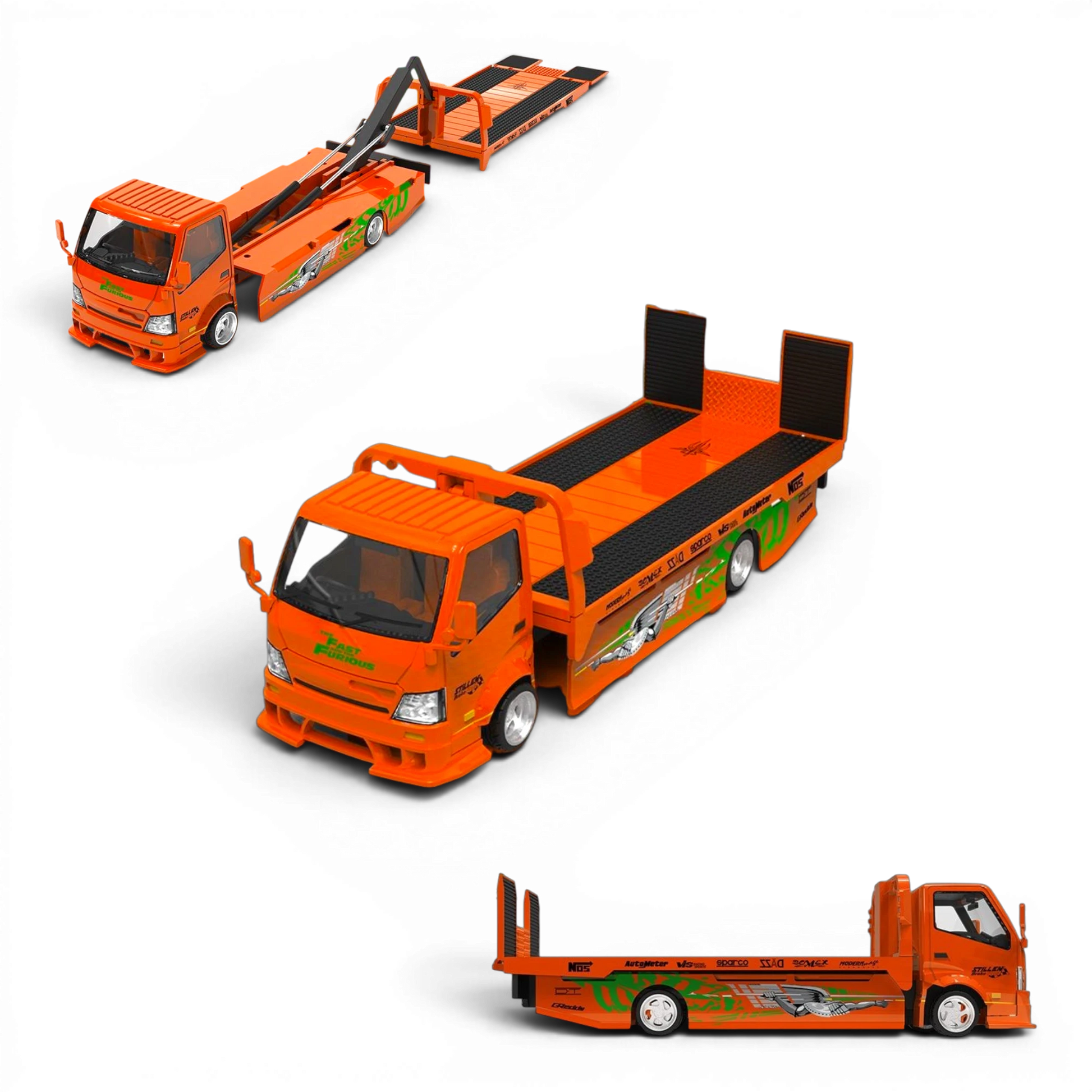 Lot57Supplies Diecast Shop SC H300 1:64 scale diecast flatbed transport trailer in orange Fast & Furious livery.