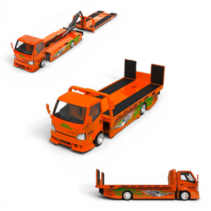 Lot57Supplies Diecast Shop SC H300 1:64 scale diecast flatbed transport trailer in orange Fast & Furious livery.