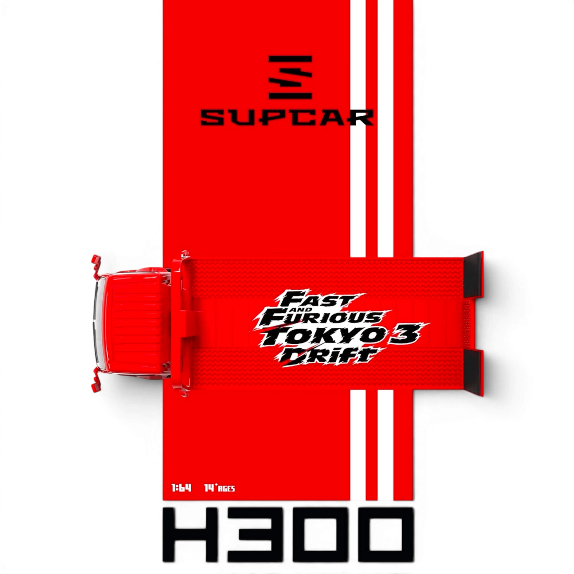 Lot57Supplies Diecast Shop SC H300 1:64 scale red flatbed transport trailer with Fast & Furious Tokyo Drift livery