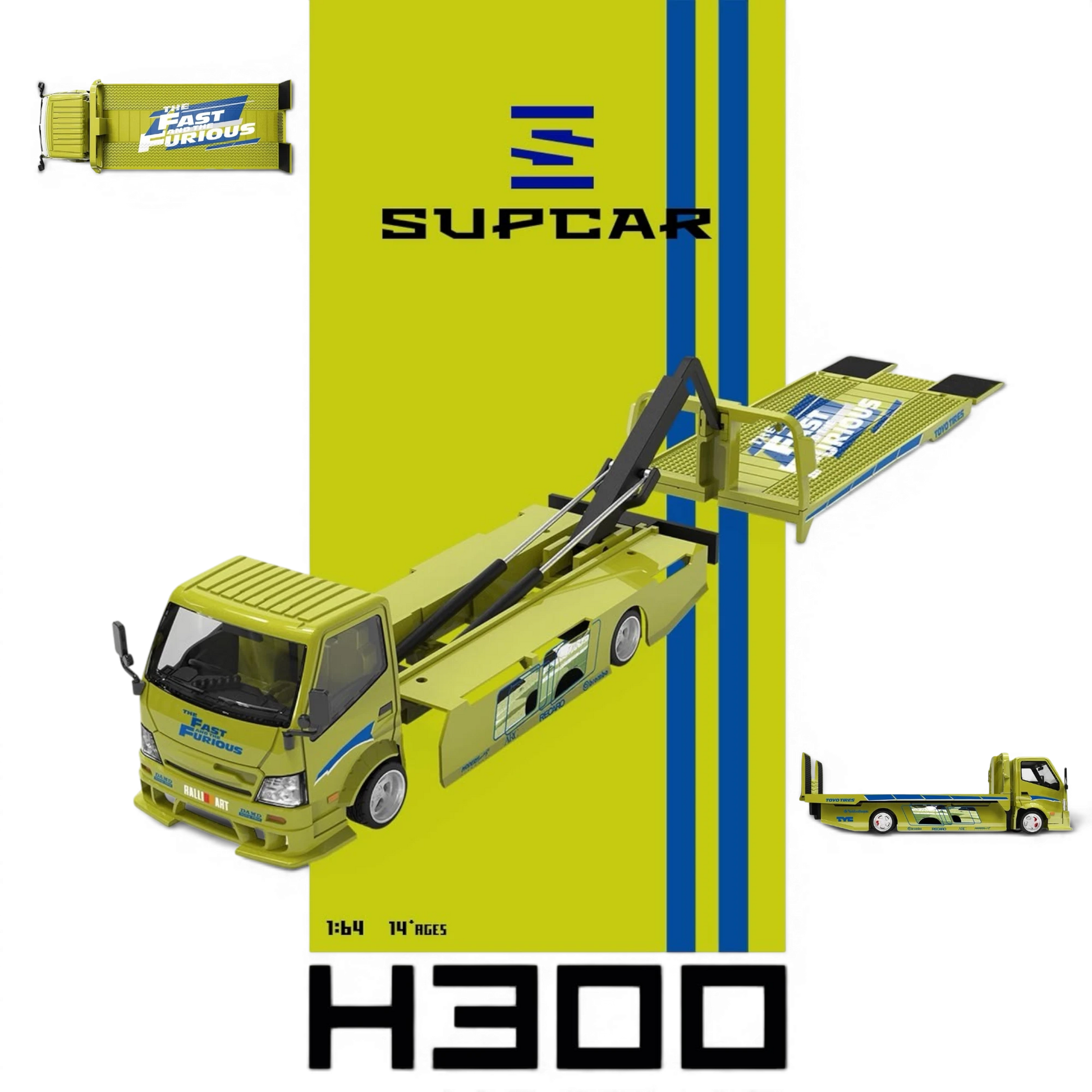 Lot57Supplies Diecast Shop SC H300 Fast and Furious lime yellow 1:64 scale diecast flatbed transport trailer model