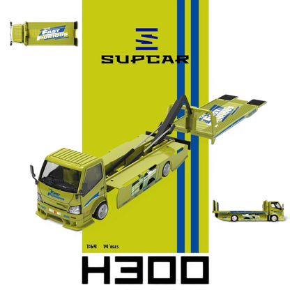Lot57Supplies Diecast Shop SC H300 Fast and Furious lime yellow 1:64 scale diecast flatbed transport trailer model
