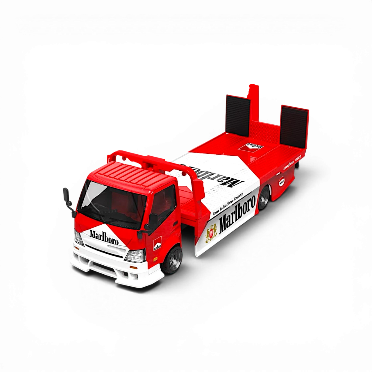 Lot57Supplies Diecast Shop SC H300 flatbed transport trailer in red and white Marlboro livery, 1:64 scale diecast model
