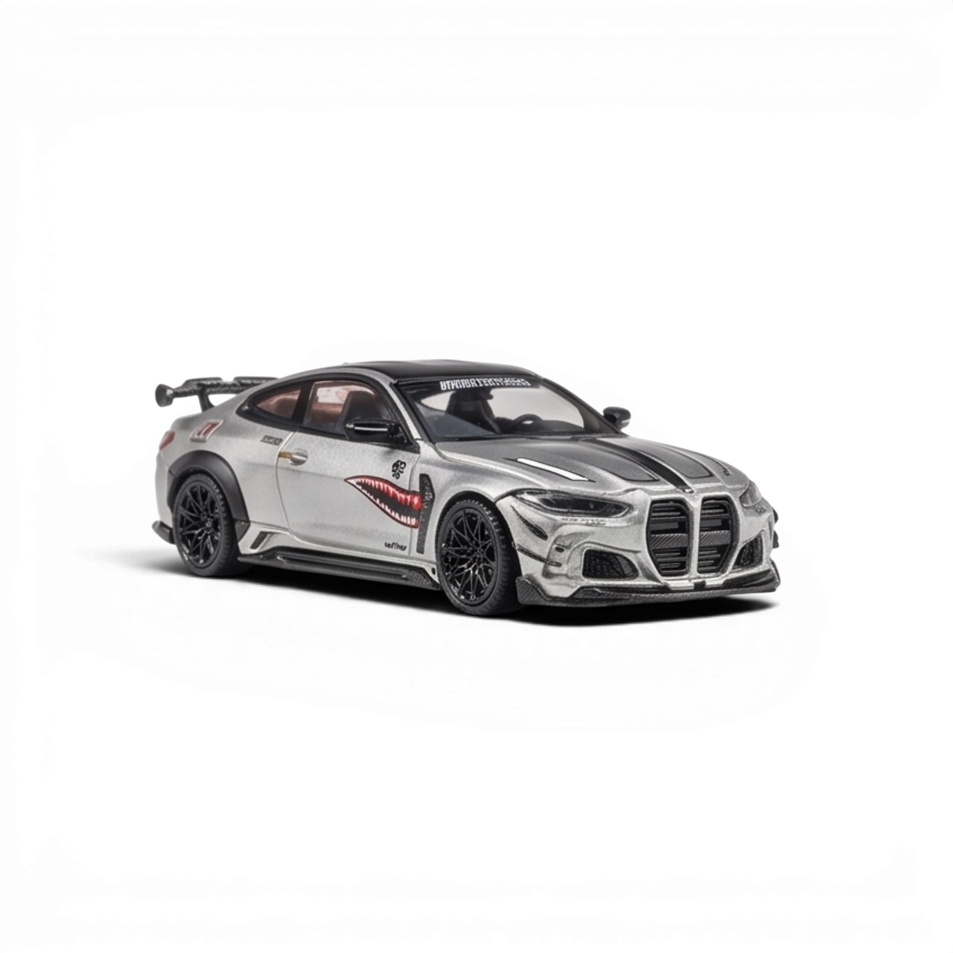 Lot57Supplies Diecast Shop 1:64 scale bright silver King Model DarwinPRO BMW M4 diecast car with shark mouth decal