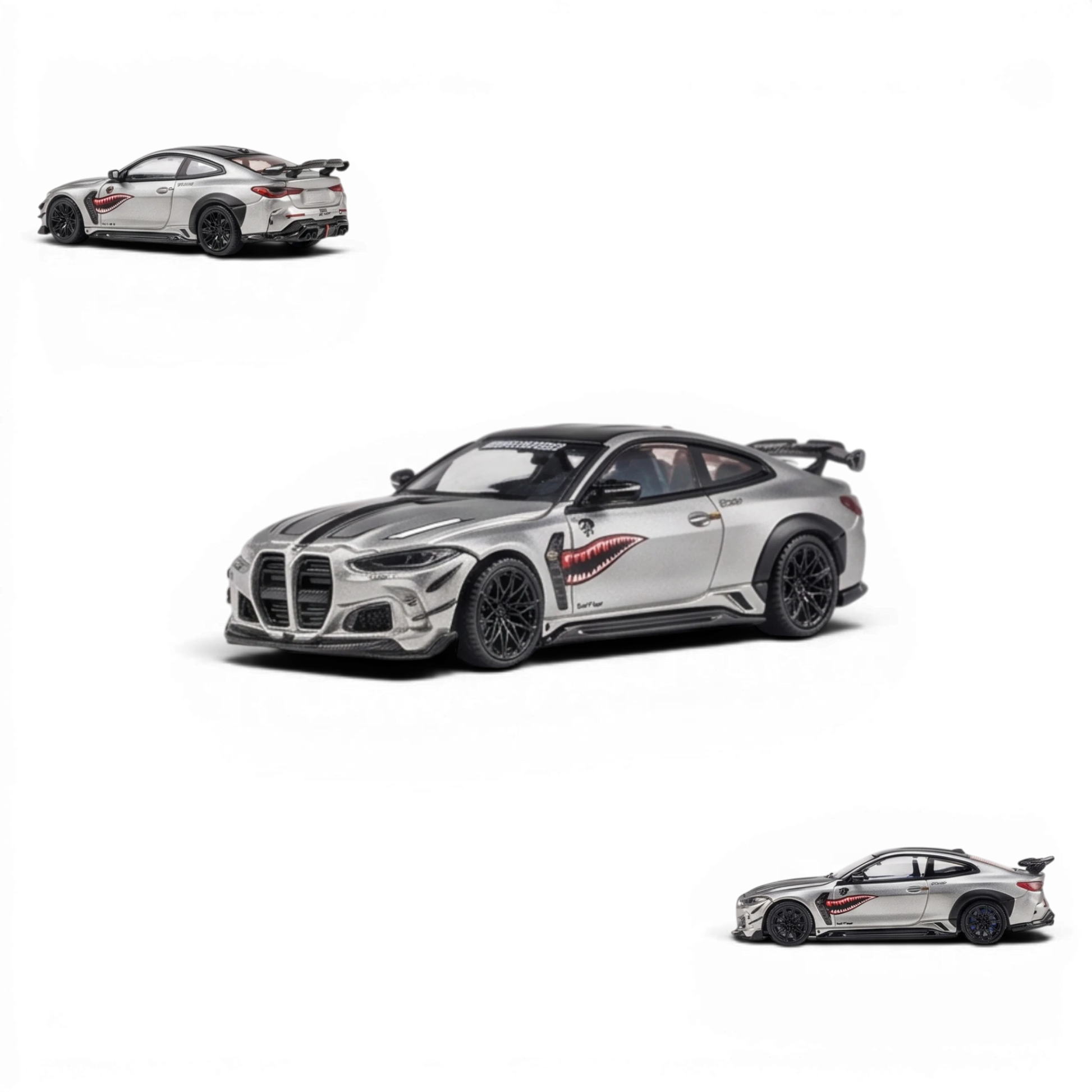 Lot57Supplies Diecast Shop 1:64 scale bright silver King Model DarwinPRO BMW M4 diecast car with shark mouth decal.