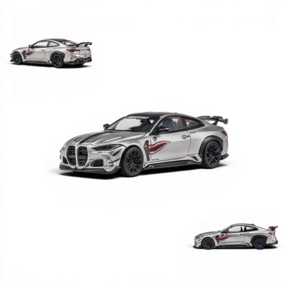 Lot57Supplies Diecast Shop 1:64 scale bright silver King Model DarwinPRO BMW M4 diecast car with shark mouth decal.