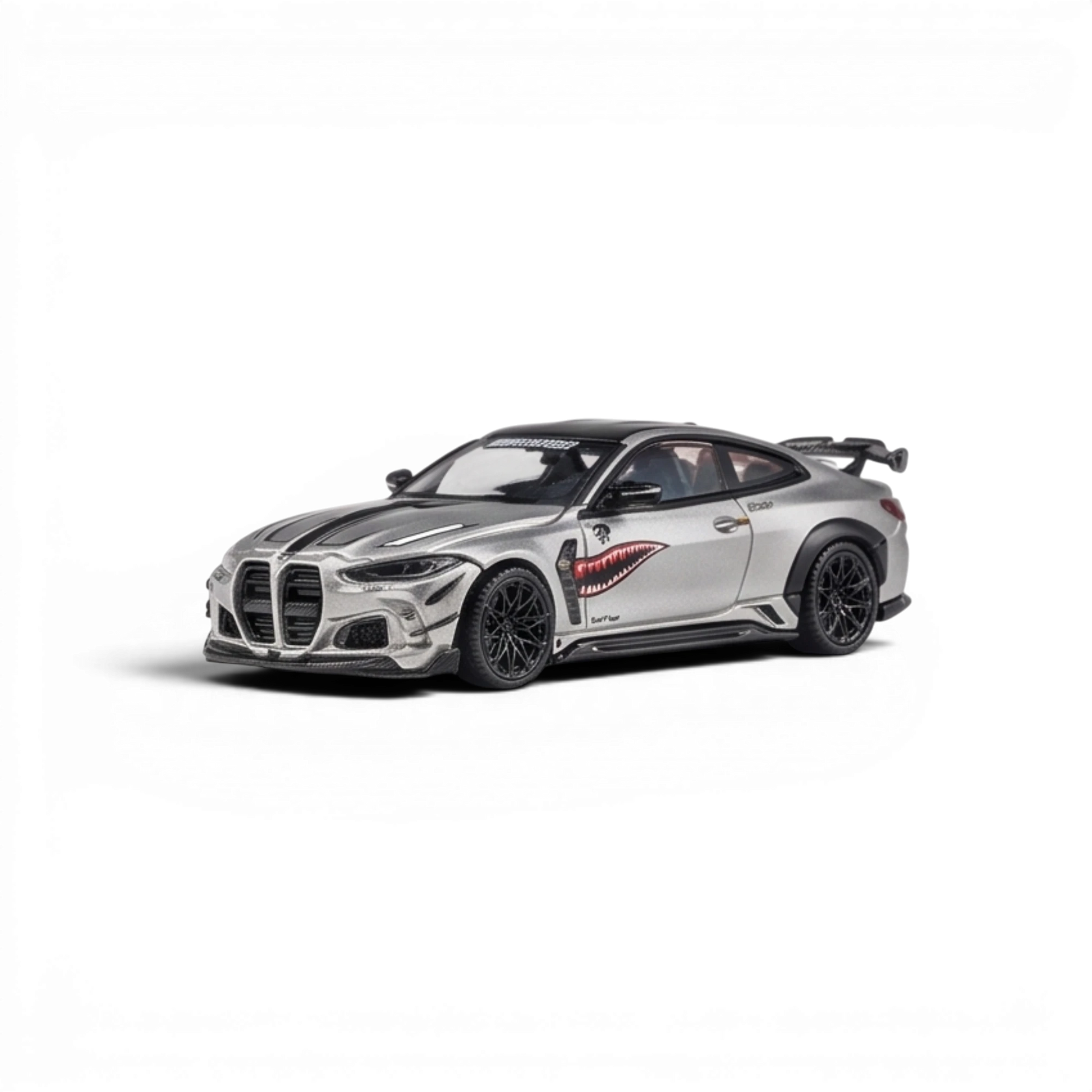 Lot57Supplies Diecast Shop 1:64 scale bright silver King Model DarwinPRO BMW M4 diecast car with shark mouth decal