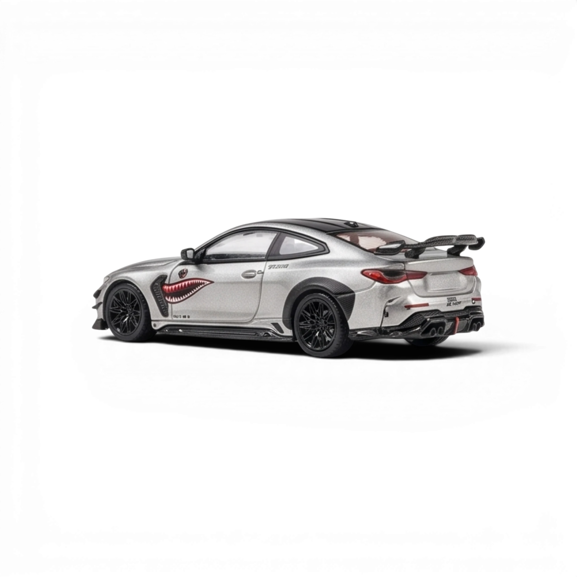 Lot57Supplies Diecast Shop 1:64 scale bright silver King Model DarwinPRO BMW M4 diecast car with shark mouth decal