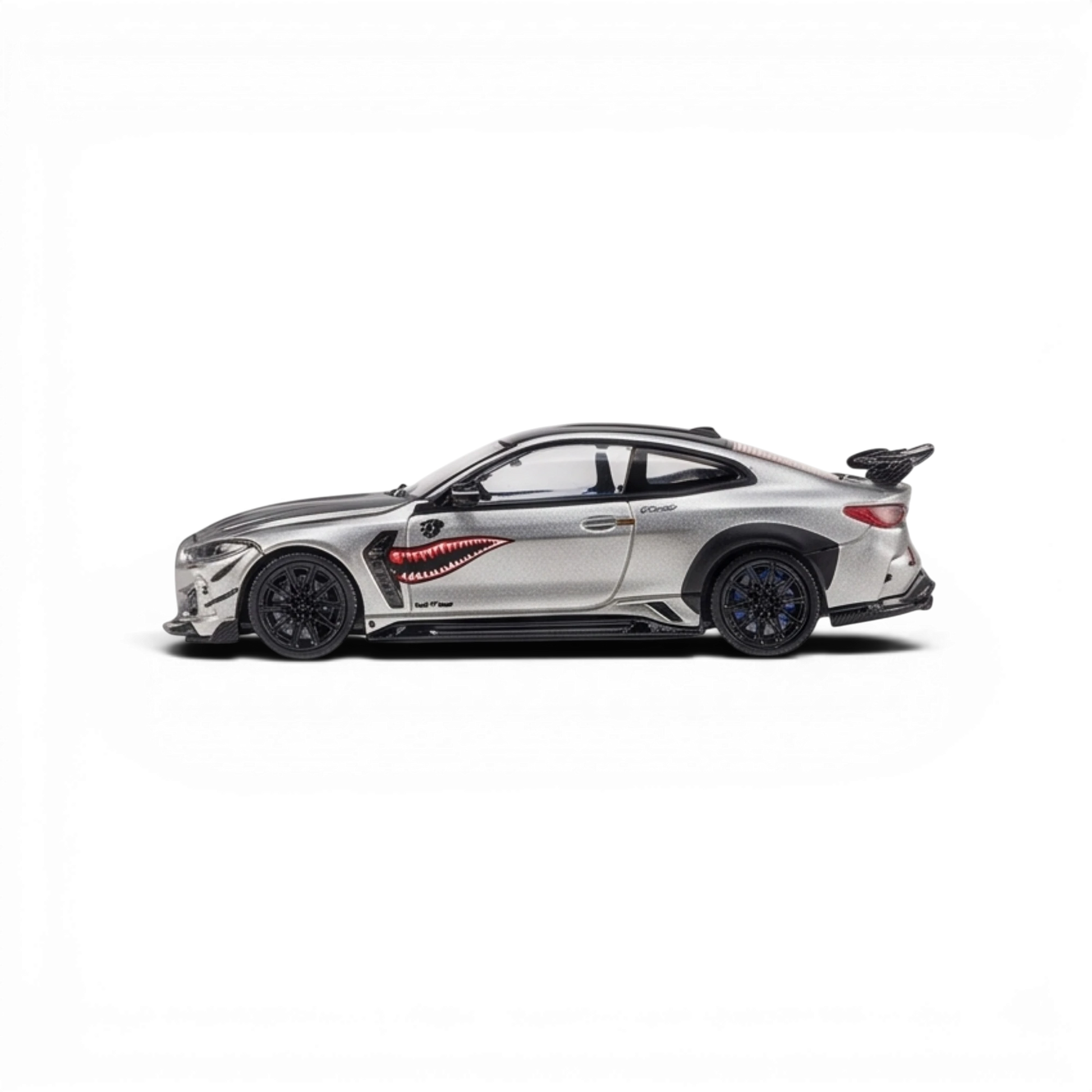 Lot57Supplies Diecast Shop 1:64 scale King Model DarwinPRO BMW M4 in bright silver with shark mouth side graphic