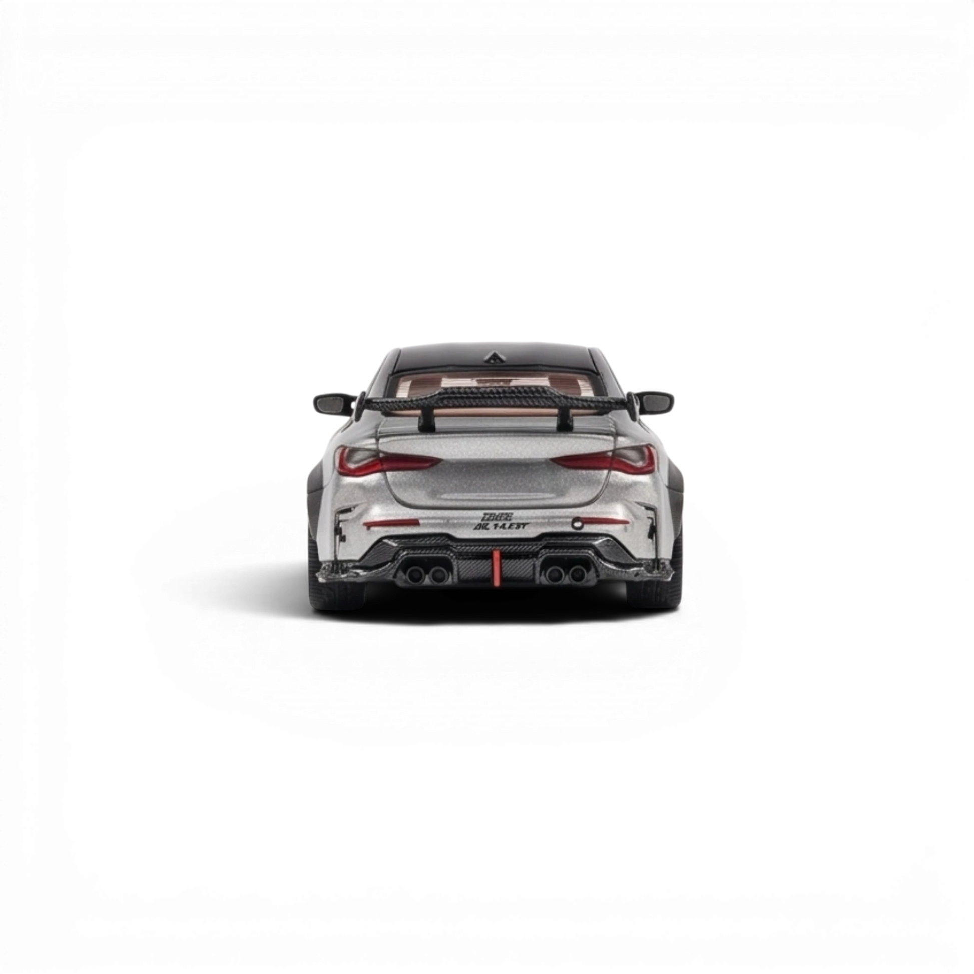 Lot57Supplies Diecast Shop King Model DarwinPRO BMW M4 in bright silver, 1:64 scale diecast car, rear view.