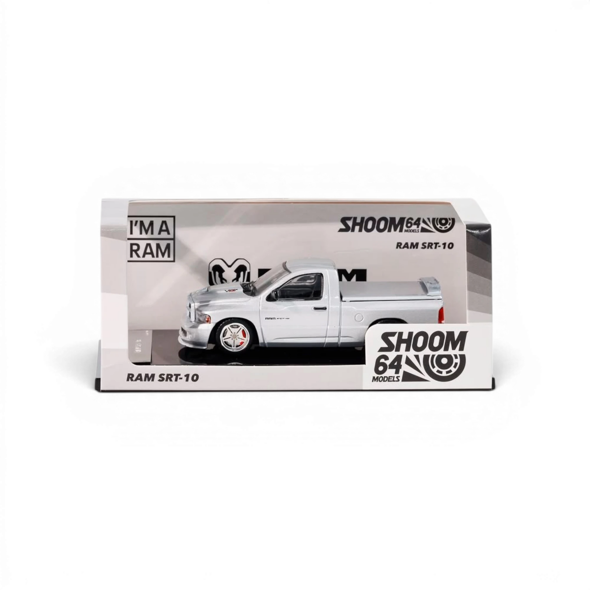 Lot57Supplies Diecast Shop SHOOM64 silver Dodge RAM SRT-10 1:64 scale diecast truck in original display box
