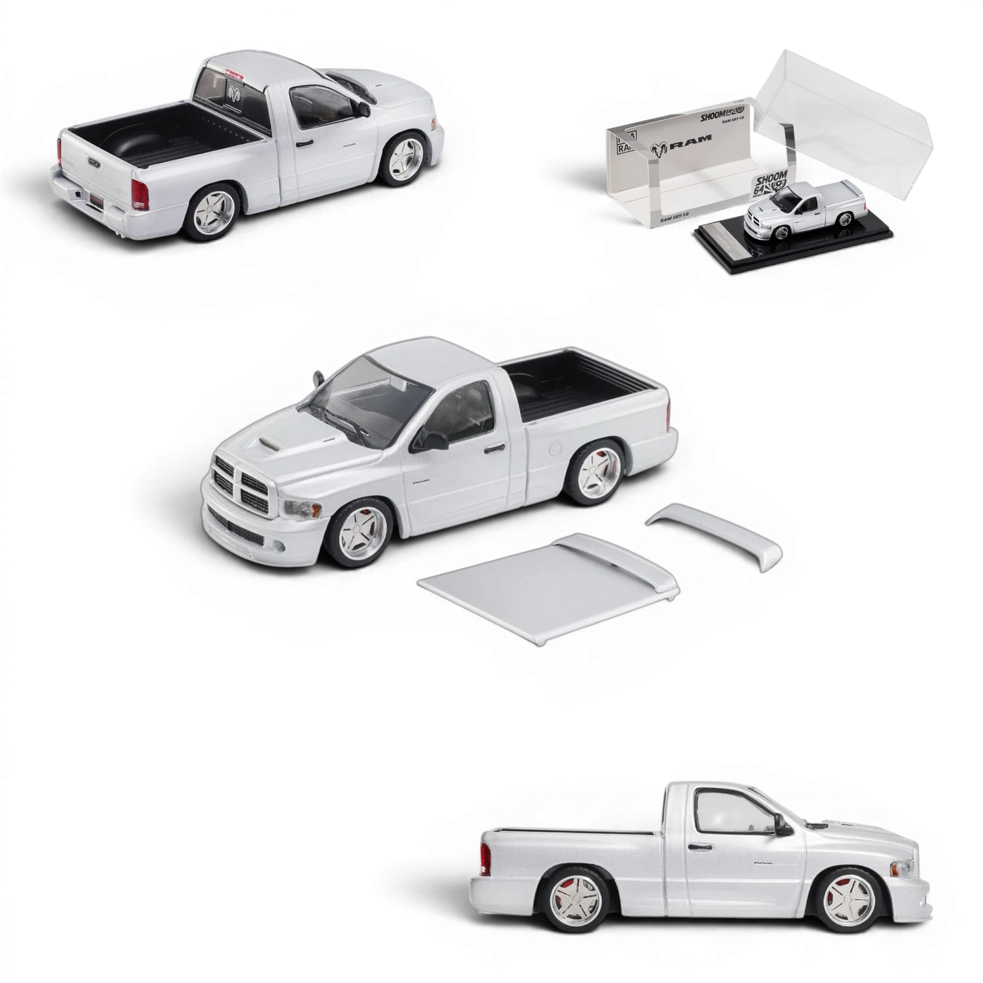 Lot57Supplies Diecast Shop SHOOM64 silver Dodge RAM SRT-10 1:64 scale diecast model truck with removable bed cover