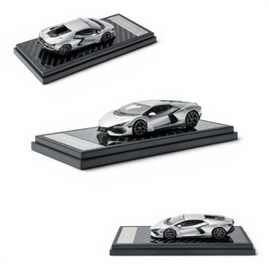 Lot57Supplies Diecast Shop 1:64 scale silver Lamborghini Revuelto diecast model car on a carbon fiber display base.