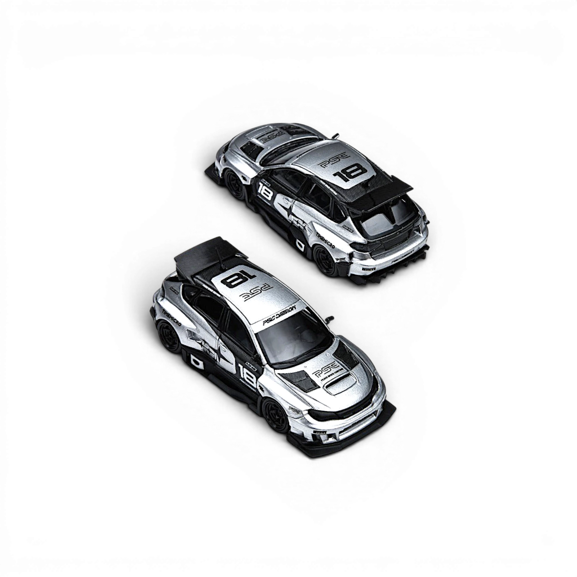Lot57Supplies Diecast Shop two silver 1:64 scale TimeMicro x PSC Design Subaru Impreza Raider diecast cars with racing decals.