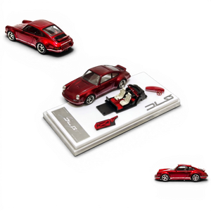 Lot57Supplies Diecast Shop Cherry Red 1:64 scale Singer DLS model car, shown assembled and disassembled on a display base.