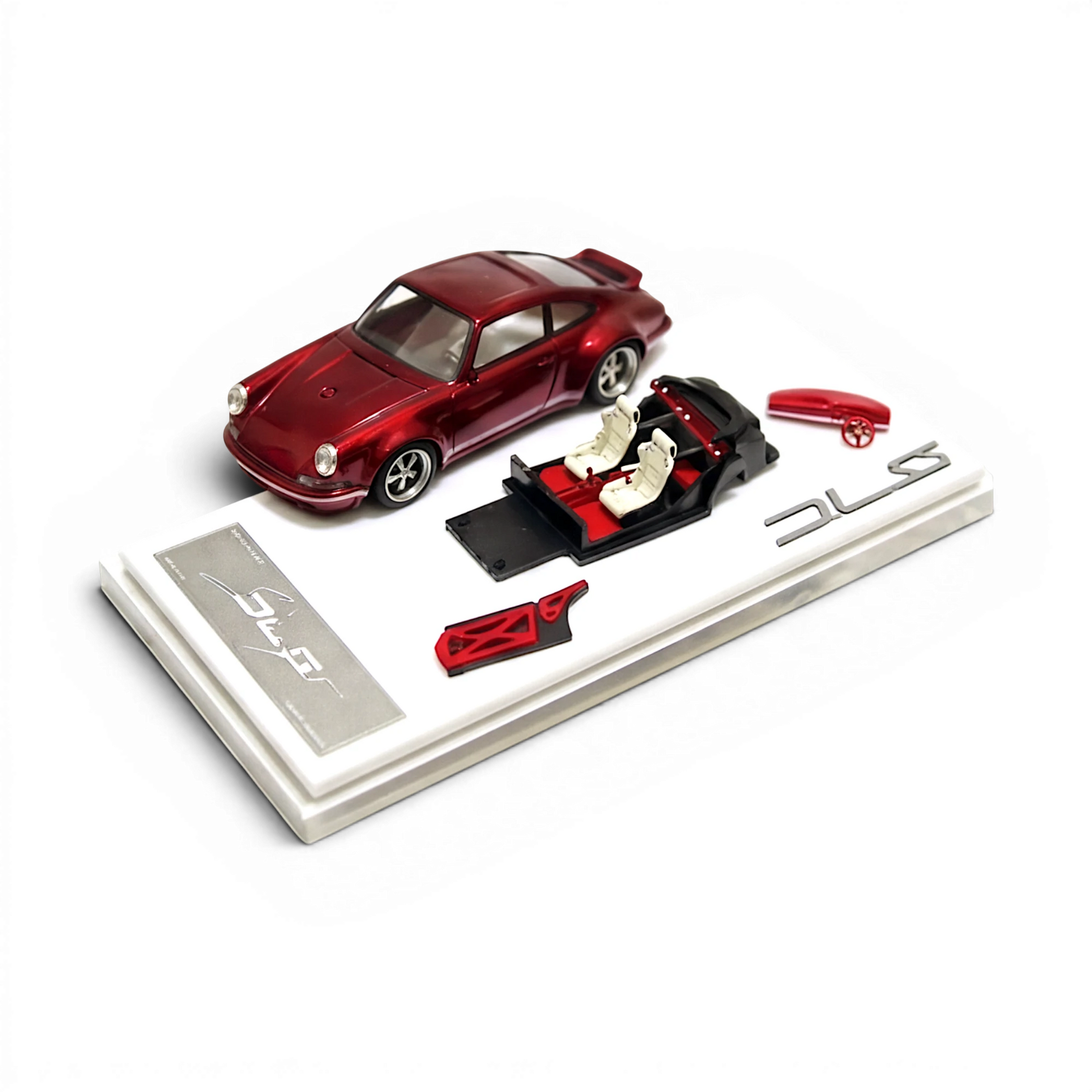Lot57Supplies Diecast Shop Cherry Red 1:64 scale resin Singer DLS model car with removable interior and display base.