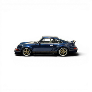 Lot57Supplies Diecast Shop 1:64 scale dark blue metallic gold Singer DLS resin model car with Porsche side stripe and gold wheels.