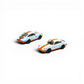 Two Lot57Supplies Diecast Shop Pop Race Singer Racing #18 diecast cars in orange and blue Gulf livery, 1:64 scale.
