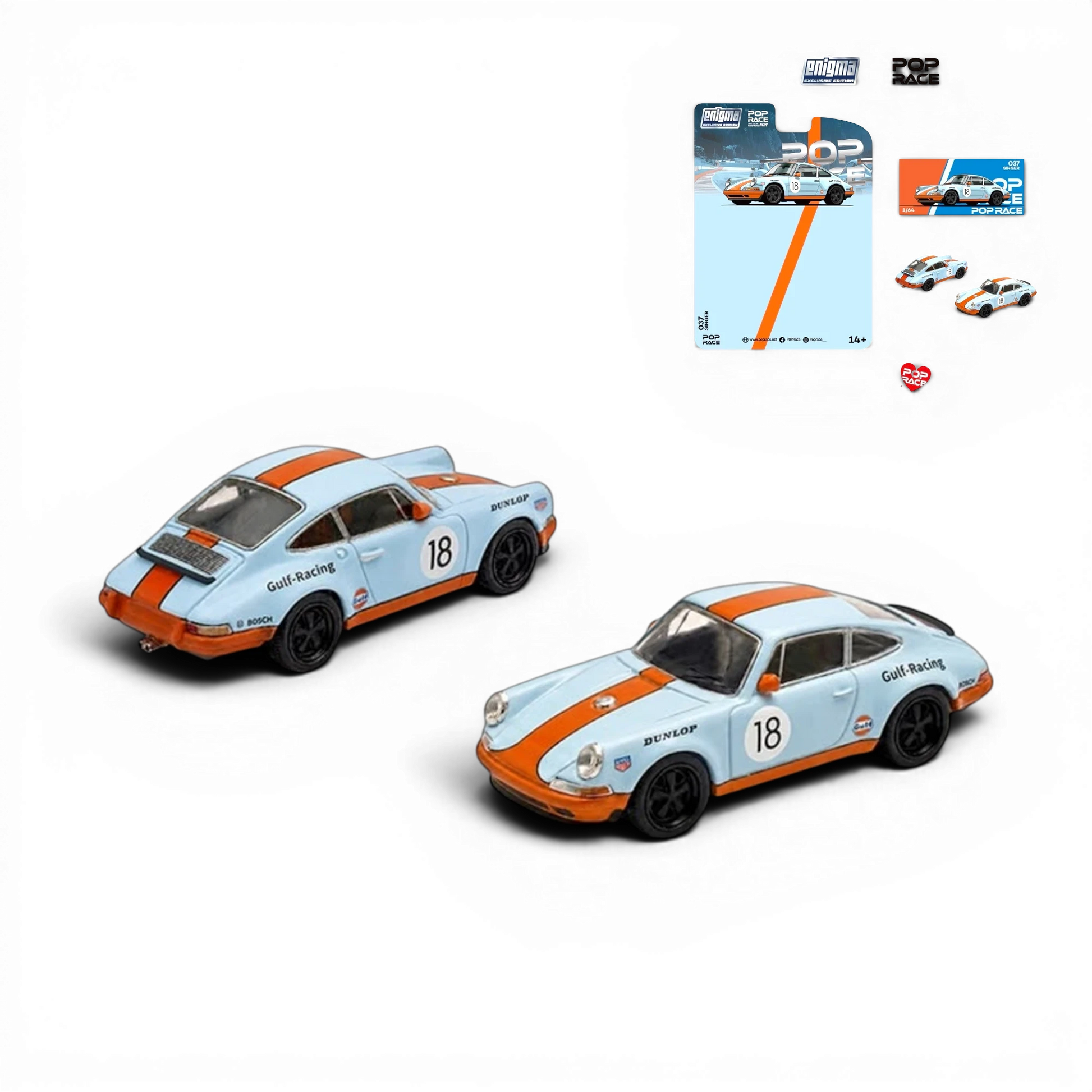 Lot57Supplies Diecast Shop Pop Race Singer Racing #18 diecast car in iconic orange and blue Gulf livery, 1:64 scale.