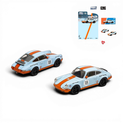 Lot57Supplies Diecast Shop Pop Race Singer Racing #18 diecast car in iconic orange and blue Gulf livery, 1:64 scale.