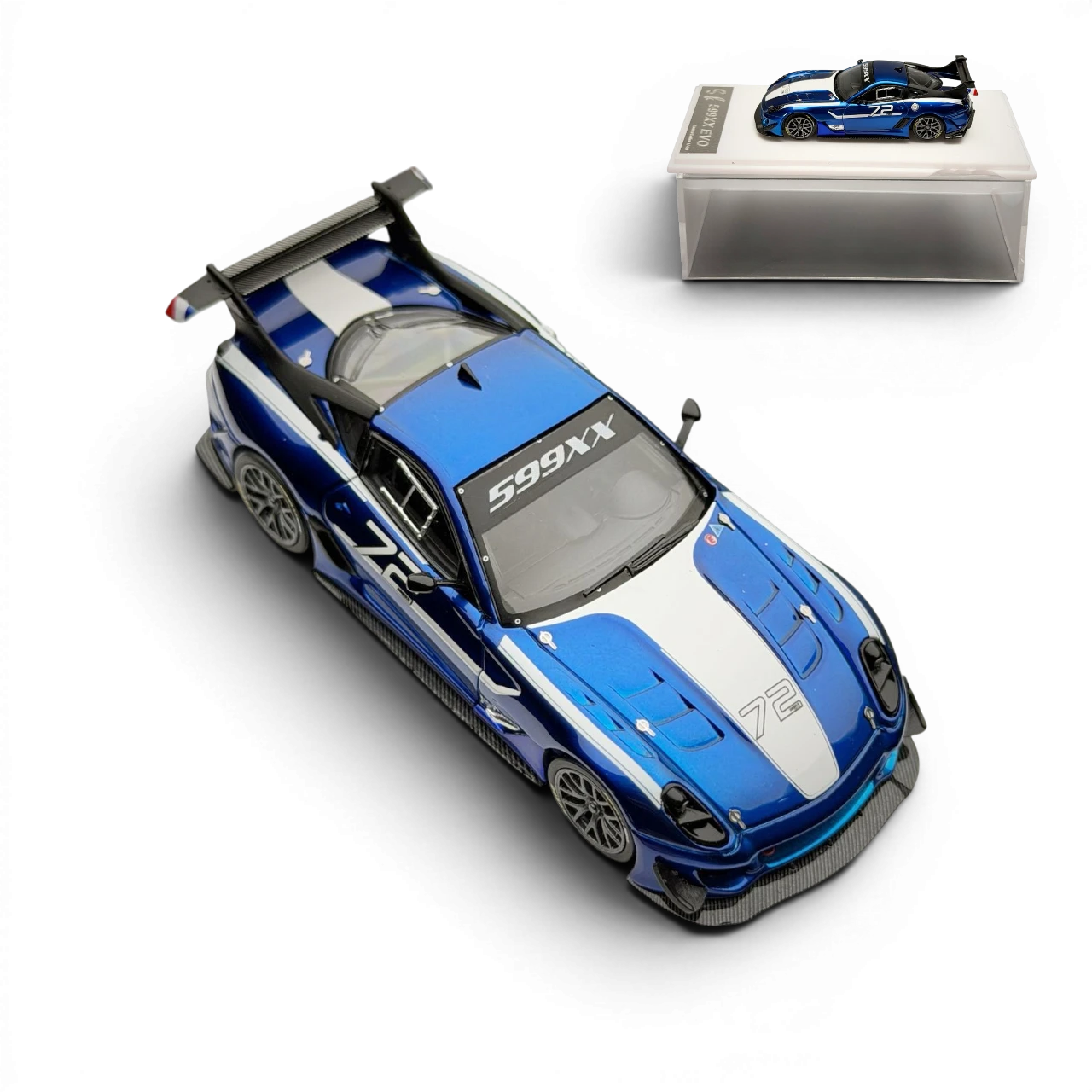 Lot57Supplies Diecast Shop metallic blue 1:64 scale SK Model Ferrari 599XX EVO race car with white stripes and number 72.