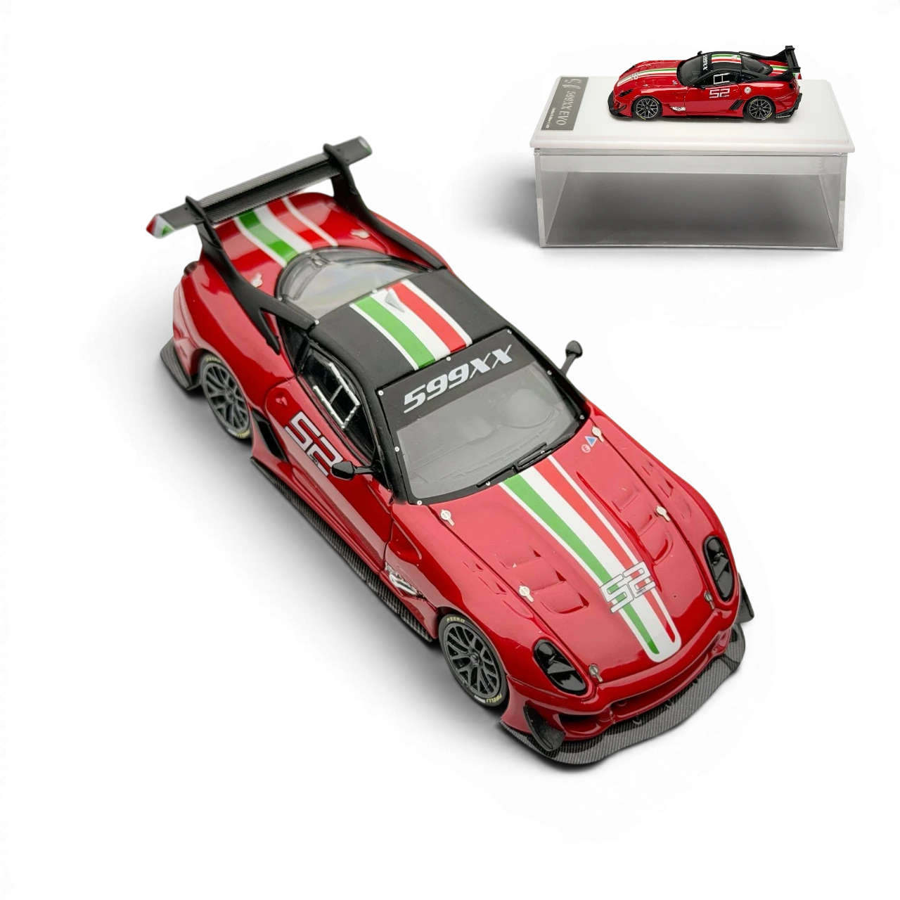 Lot57Supplies Diecast Shop red SK Model Ferrari 599XX EVO 1:64 scale diecast car with white, green, and black racing stripes and number 52.
