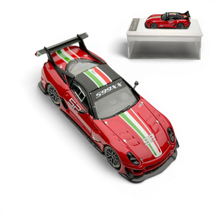 Lot57Supplies Diecast Shop red SK Model Ferrari 599XX EVO 1:64 scale diecast car with white, green, and black racing stripes and number 52.