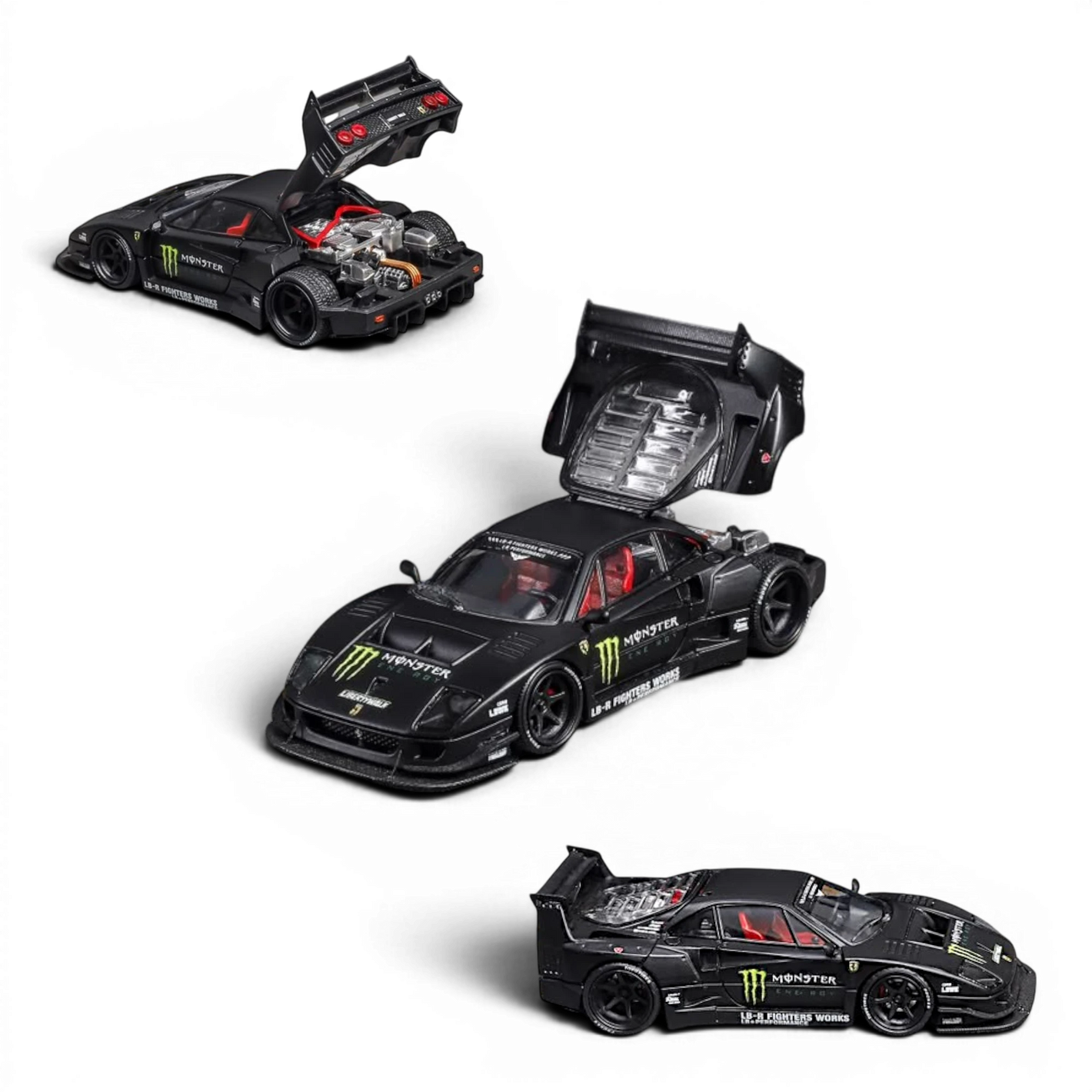 Lot57Supplies Diecast Shop Star Models 1:64 scale black Monster Energy F40 LB-Works wide-body diecast supercar model