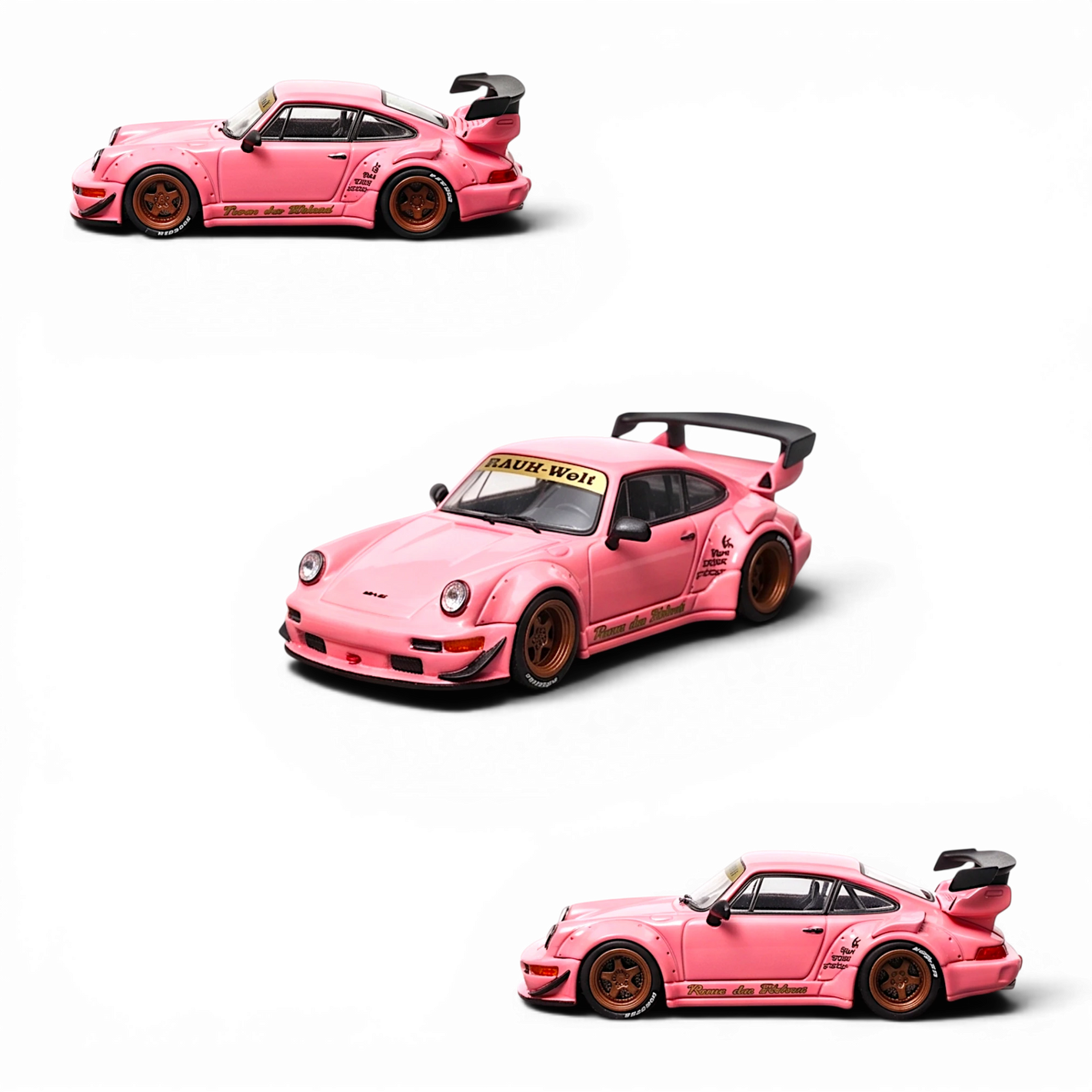 Lot57Supplies Diecast Shop Star Models RWB 964 GT Wing in SoCro Pink 1:64 scale diecast car with bronze wheels.