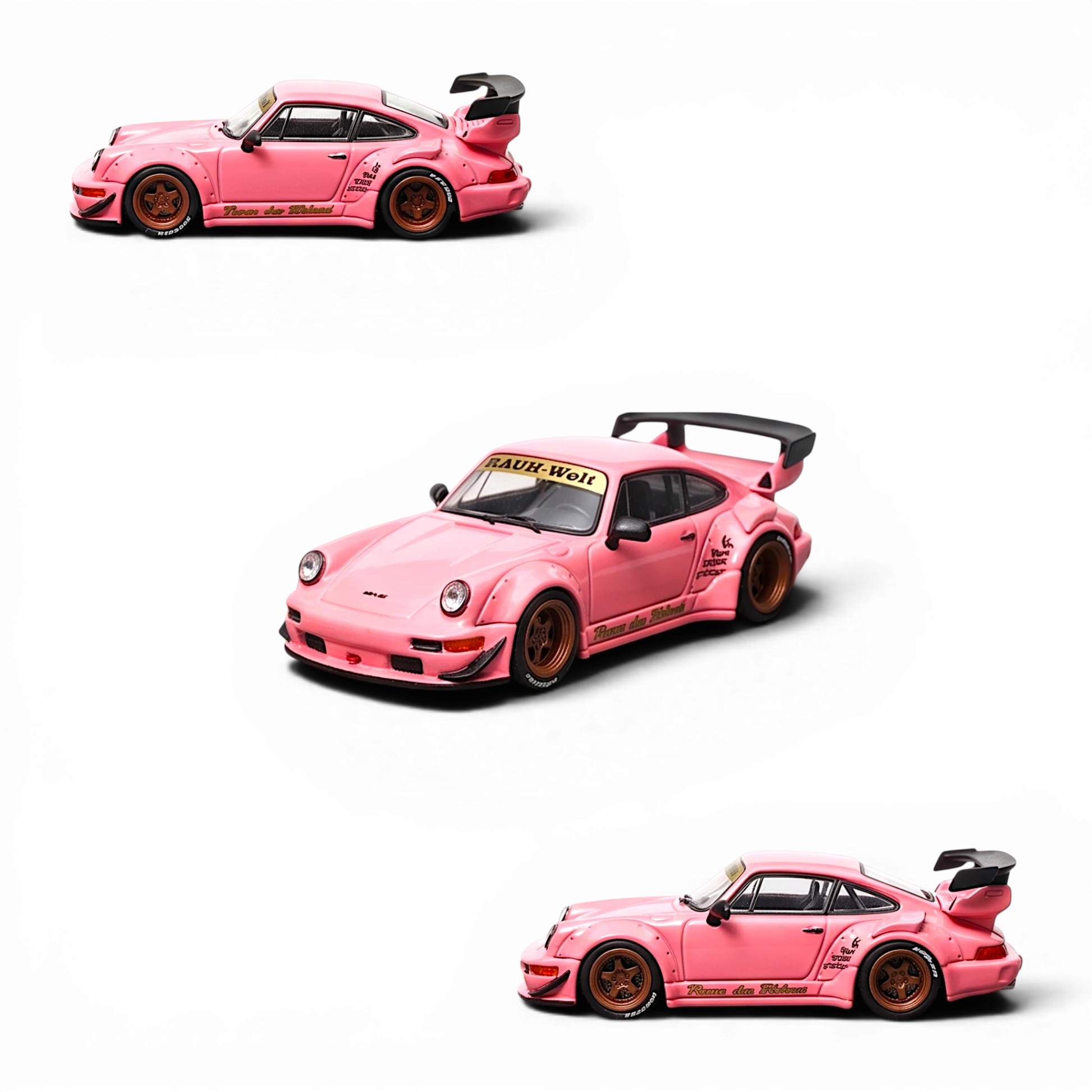 Lot57Supplies Diecast Shop Star Models RWB 964 GT Wing in SoCro Pink 1:64 scale diecast car with bronze wheels.