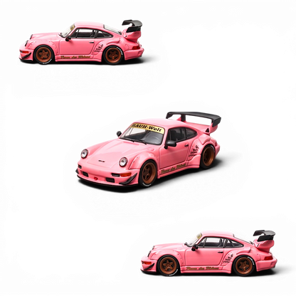 Lot57Supplies Diecast Shop Star Models RWB 964 GT Wing in SoCro Pink 1:64 scale diecast car with bronze wheels.