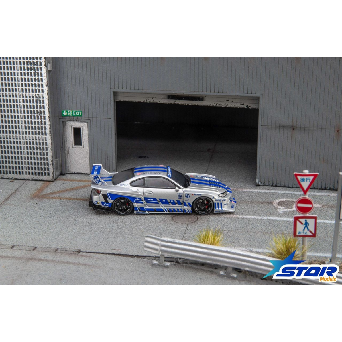 Lot57Supplies Diecast Shop Star Models 1:64 scale S15 Silvia widebody diecast car in silver and blue livery