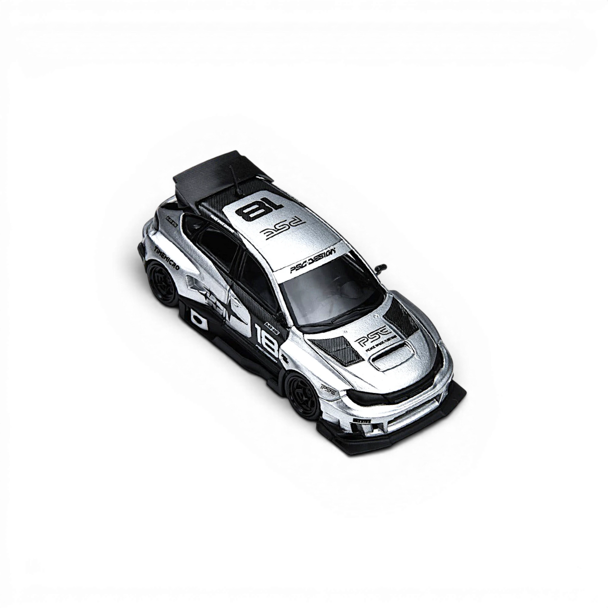 Lot57Supplies Diecast Shop silver 1:64 scale TimeMicro x PSC Design Subaru Impreza Raider diecast model car with racing decals.