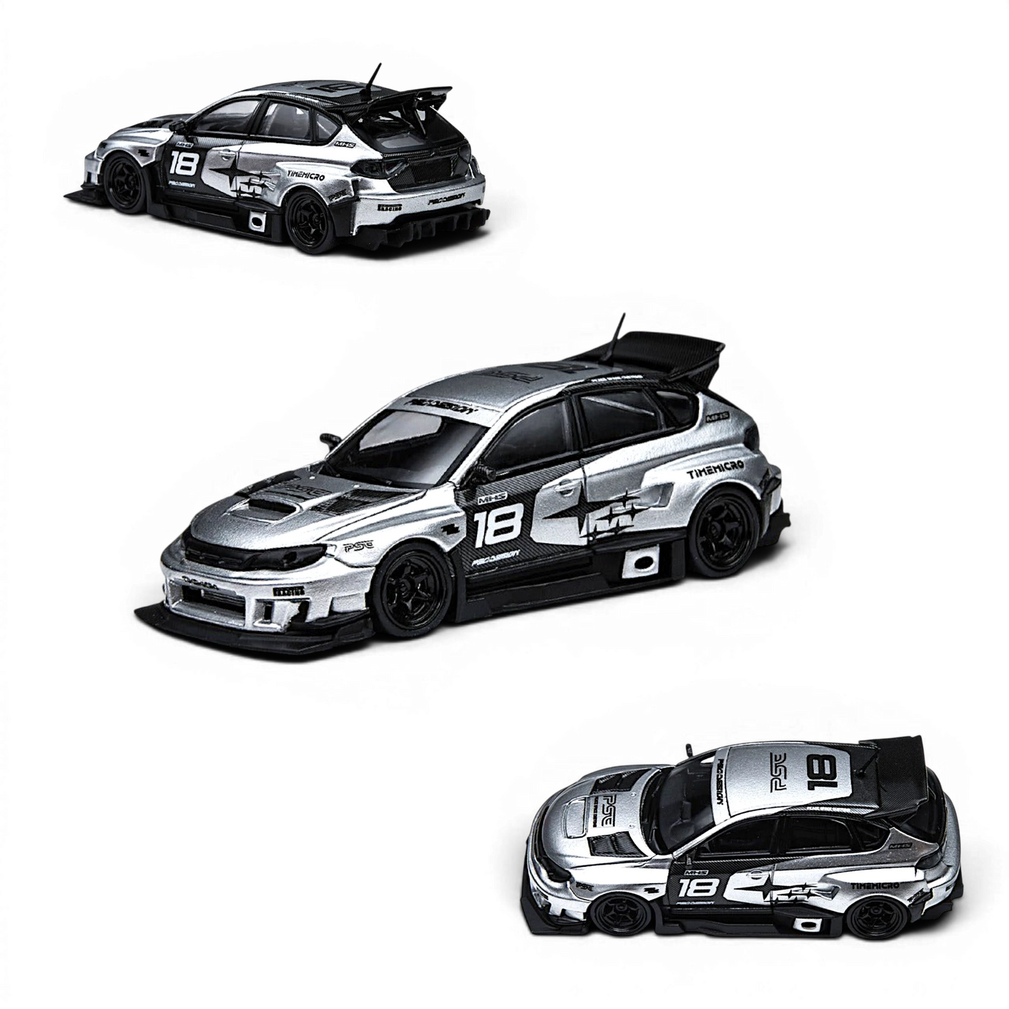 Lot57Supplies Diecast Shop silver 1:64 scale TimeMicro x PSC Design Subaru Impreza Raider diecast model car with racing decals and spoiler.