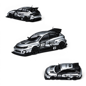Lot57Supplies Diecast Shop silver 1:64 scale TimeMicro x PSC Design Subaru Impreza Raider diecast model car with racing decals and spoiler.