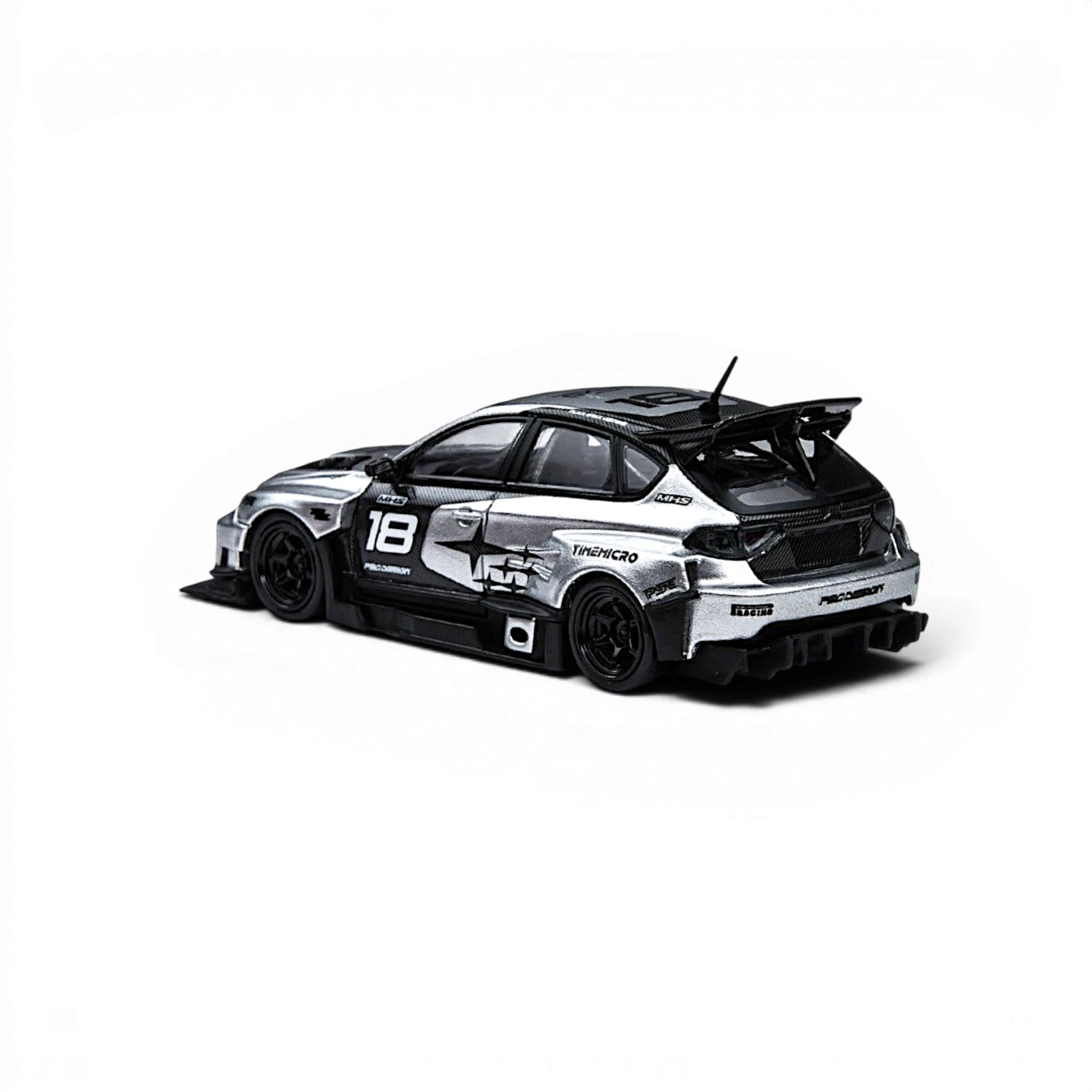 Lot57Supplies Diecast Shop silver 1:64 TimeMicro x PSC Design Subaru Impreza Raider diecast model car with racing decals and spoiler.