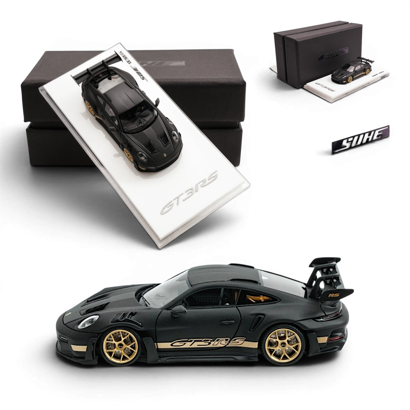 Lot57Supplies Diecast Shop SUHE 1:64 scale matte black Porsche 911 GT3 RS resin model car with gold wheels.