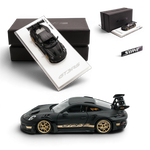 Lot57Supplies Diecast Shop SUHE 1:64 scale matte black Porsche 911 GT3 RS resin model car with gold wheels.