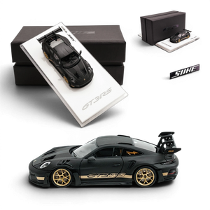 Lot57Supplies Diecast Shop SUHE 1:64 scale matte black Porsche 911 GT3 RS resin model car with gold wheels.