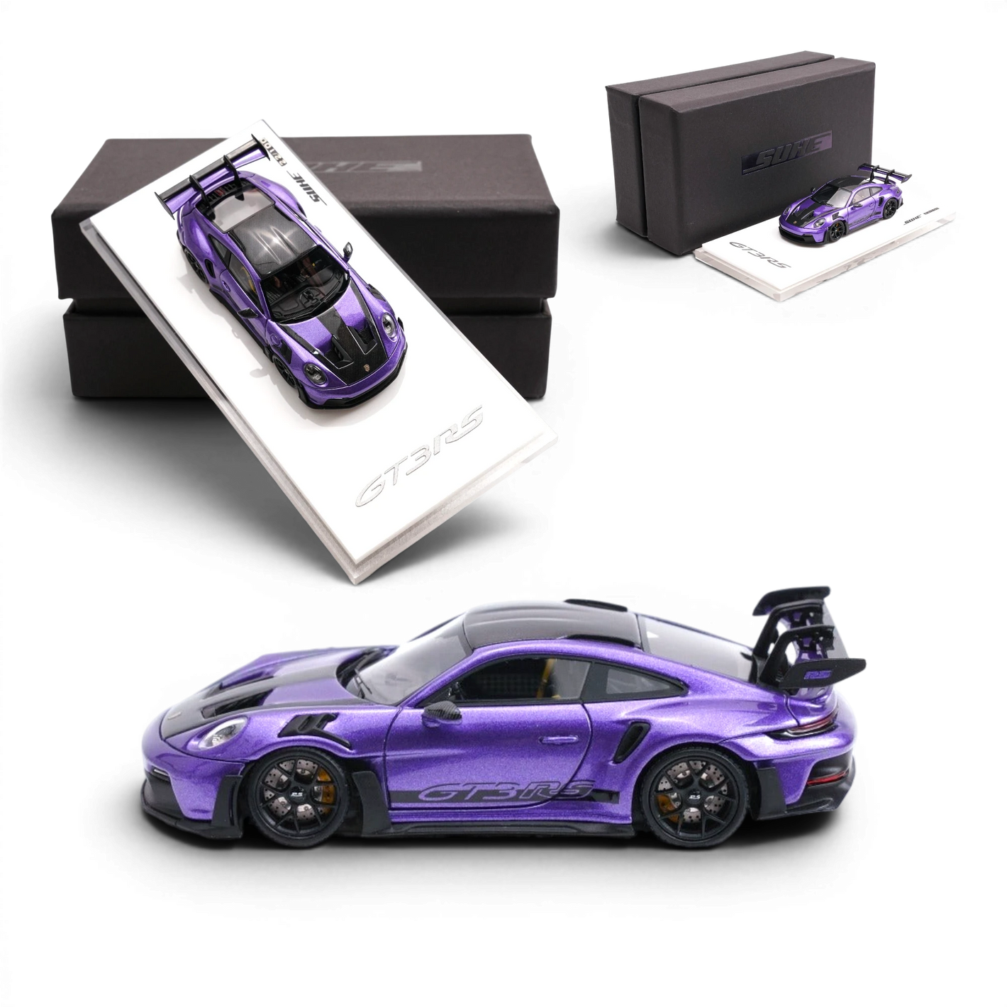 SUHE Porsche 911 GT3 RS in Twilight Purple resin 1:64 scale model car from Lot57Supplies Diecast Shop with display base