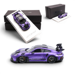 SUHE Porsche 911 GT3 RS in Twilight Purple resin 1:64 scale model car from Lot57Supplies Diecast Shop with display base