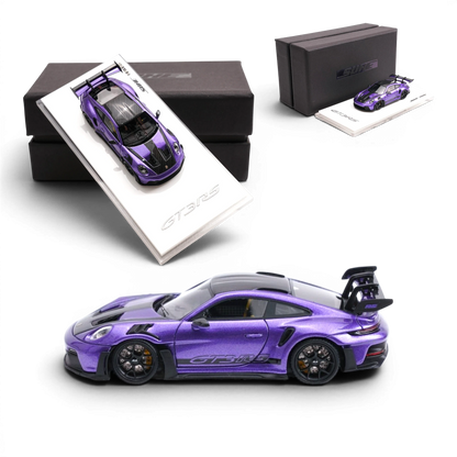 SUHE Porsche 911 GT3 RS in Twilight Purple resin 1:64 scale model car from Lot57Supplies Diecast Shop with display base