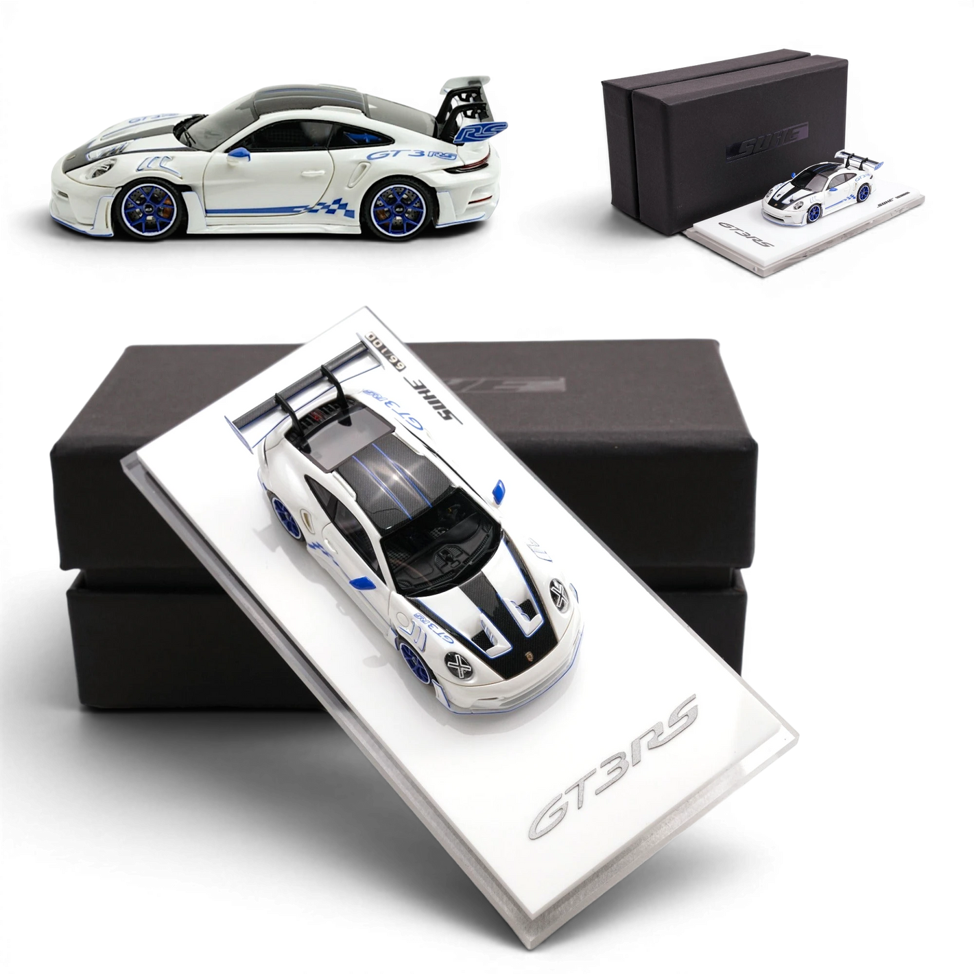 Lot57Supplies Diecast Shop SUHE 1:64 metallic white Porsche 911 GT3 RS resin model car with blue accents and display base