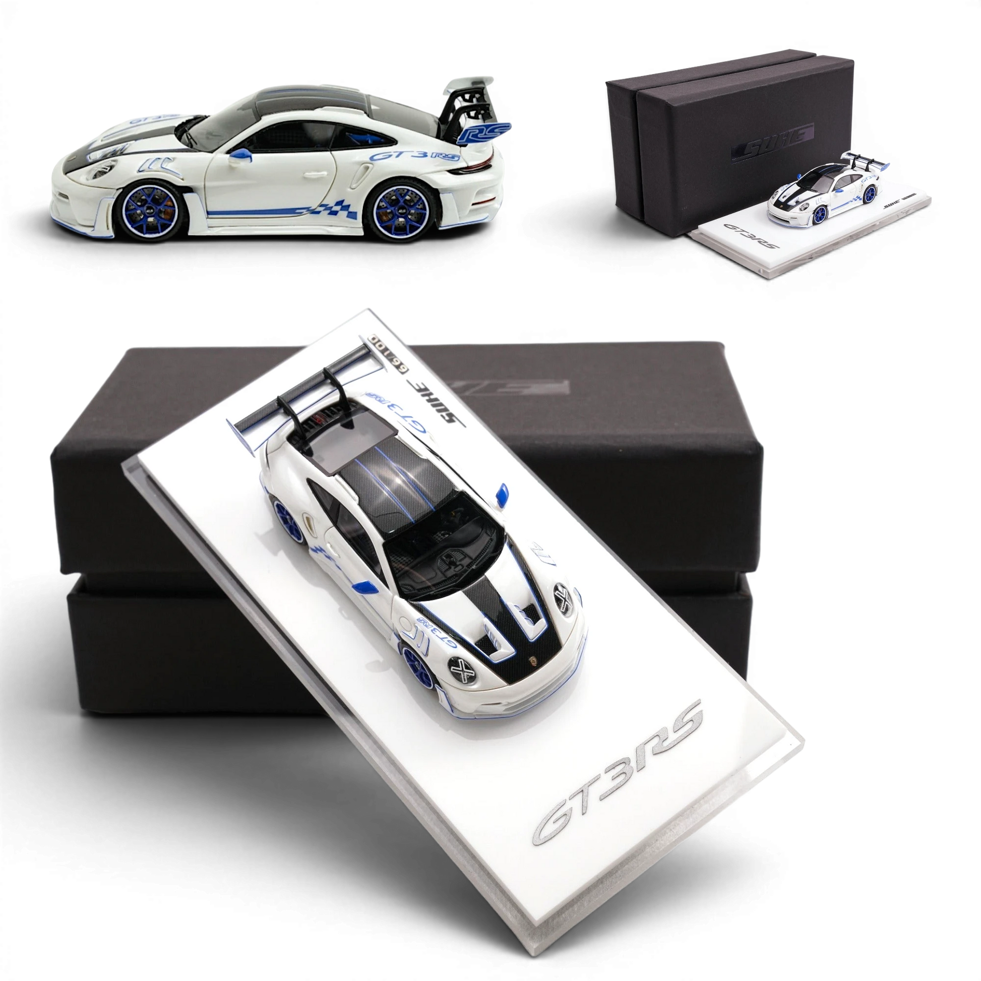 Lot57Supplies Diecast Shop SUHE 1:64 metallic white Porsche 911 GT3 RS resin model car with blue accents and display base