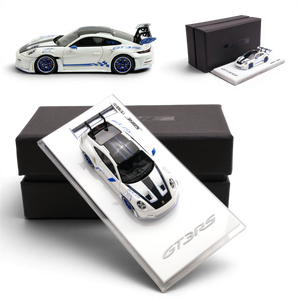 Lot57Supplies Diecast Shop SUHE 1:64 metallic white Porsche 911 GT3 RS resin model car with blue accents and display base