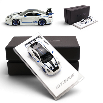 Lot57Supplies Diecast Shop SUHE 1:64 metallic white Porsche 911 GT3 RS resin model car with blue accents and display base